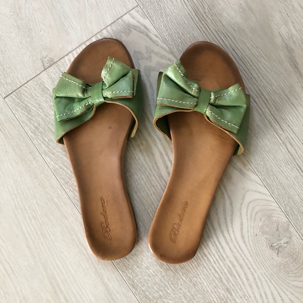 Badura Italian Leather Green Bow Sandals Sliders